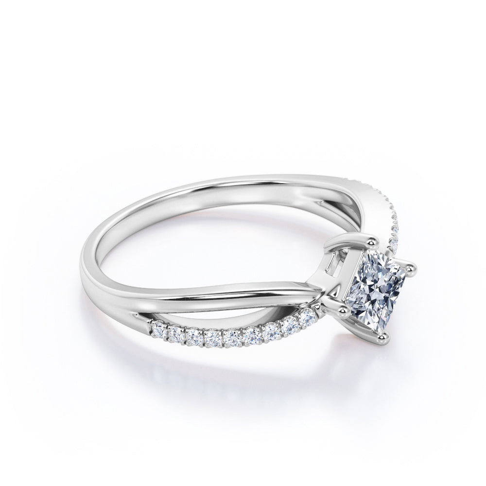 Modern 1.15 carat Princess cut Moissanite and diamond-compass four prong-split shank engagement ring for women