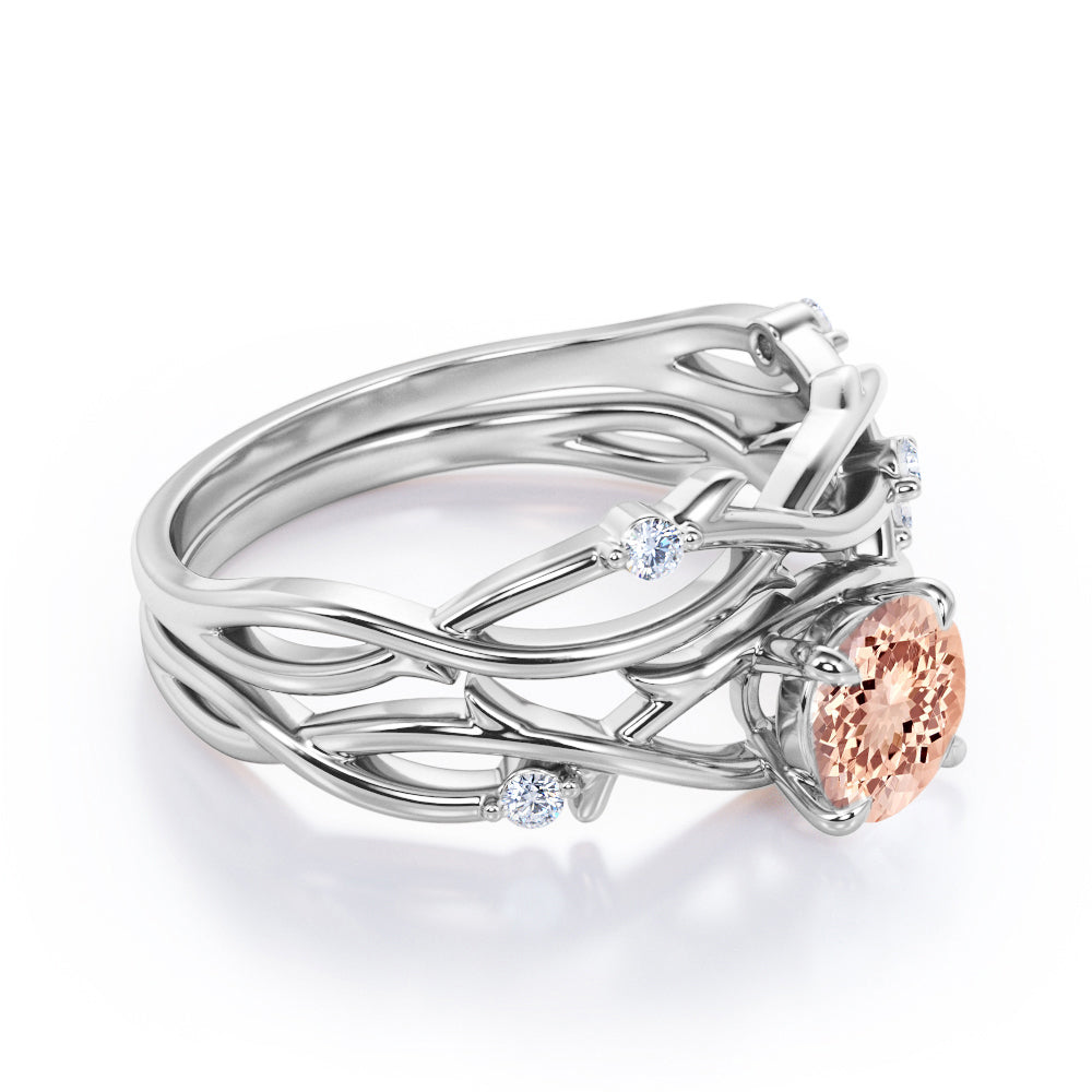 Twig and Vine inspired 1.1 carat Round cut Morganite and diamond earthy wedding ring set in Black gold