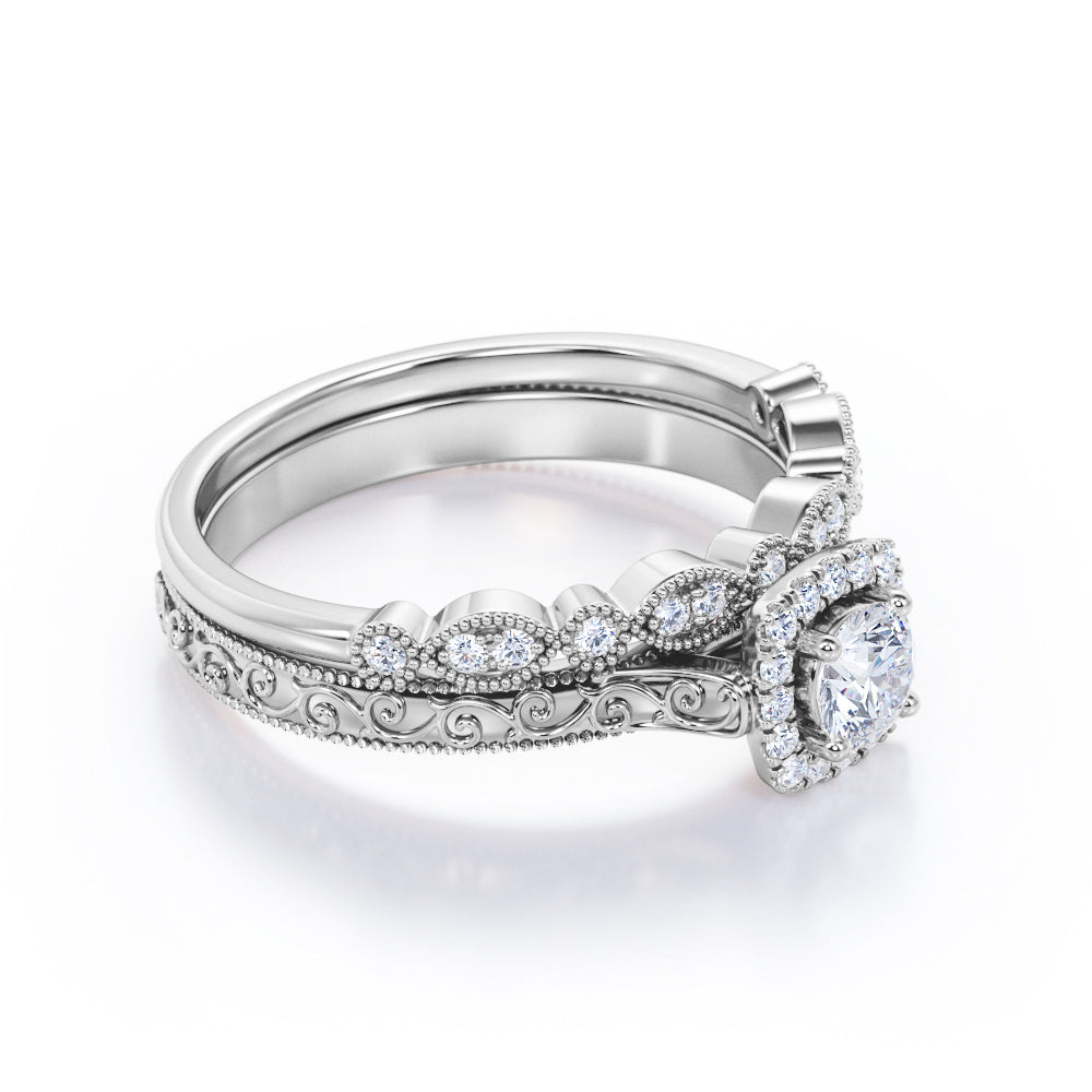 Art deco Filigree 0.75 carat Round cut Moissanite and diamond milgrain and halo Bridal set in Rose gold