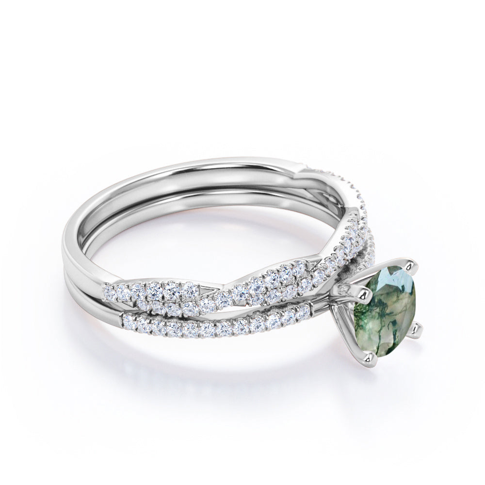 Elegant 1.50 carat Round cut 4 Prong Moss Green Agate and diamond Infinity Wedding ring set in White gold