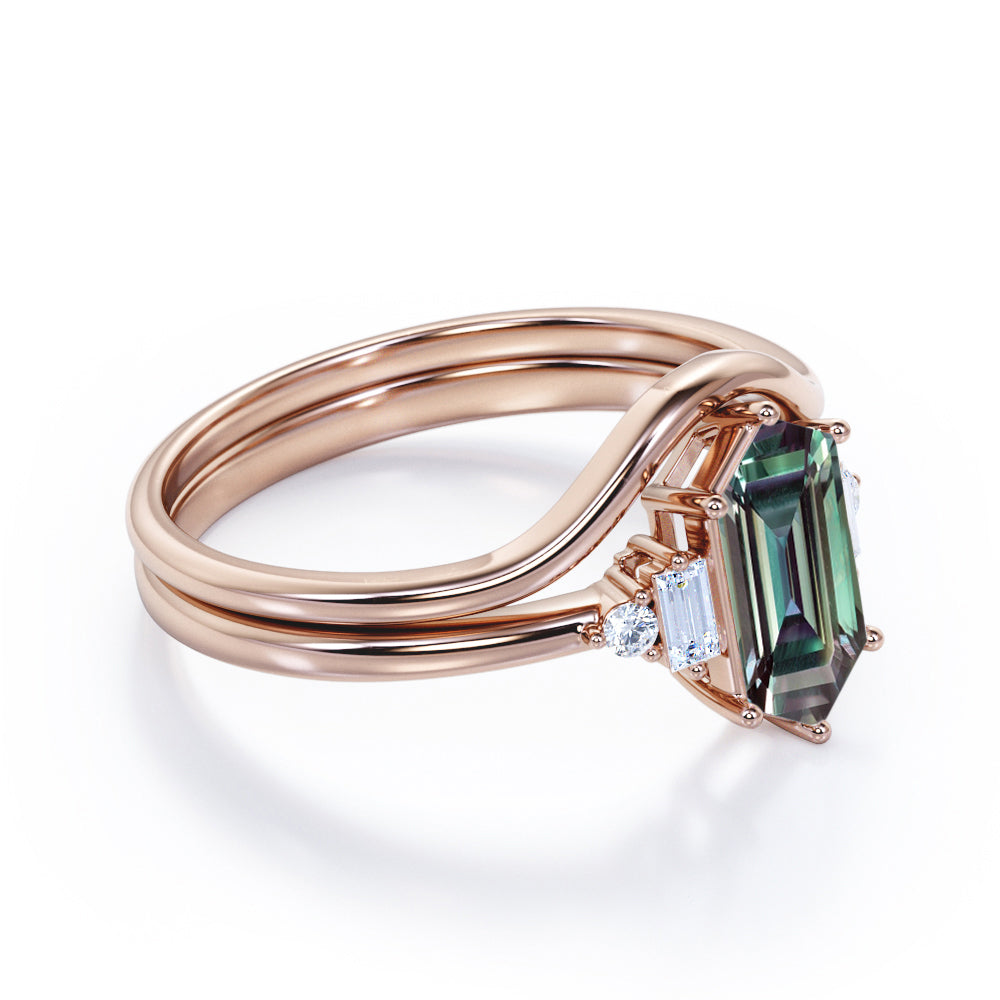Artistic Prong 1.1 carat Hexagon shaped Alexandrite and diamond plain contoured bridal set in Rose gold