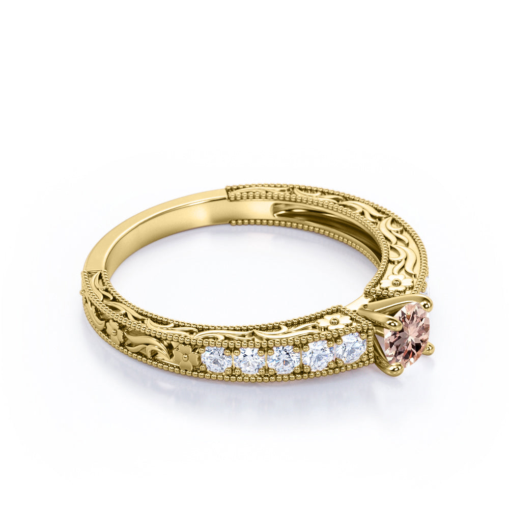 Art Nouveau style 0.75 carat Round cut Peach Morganite and diamond shared prong engagement ring in White gold