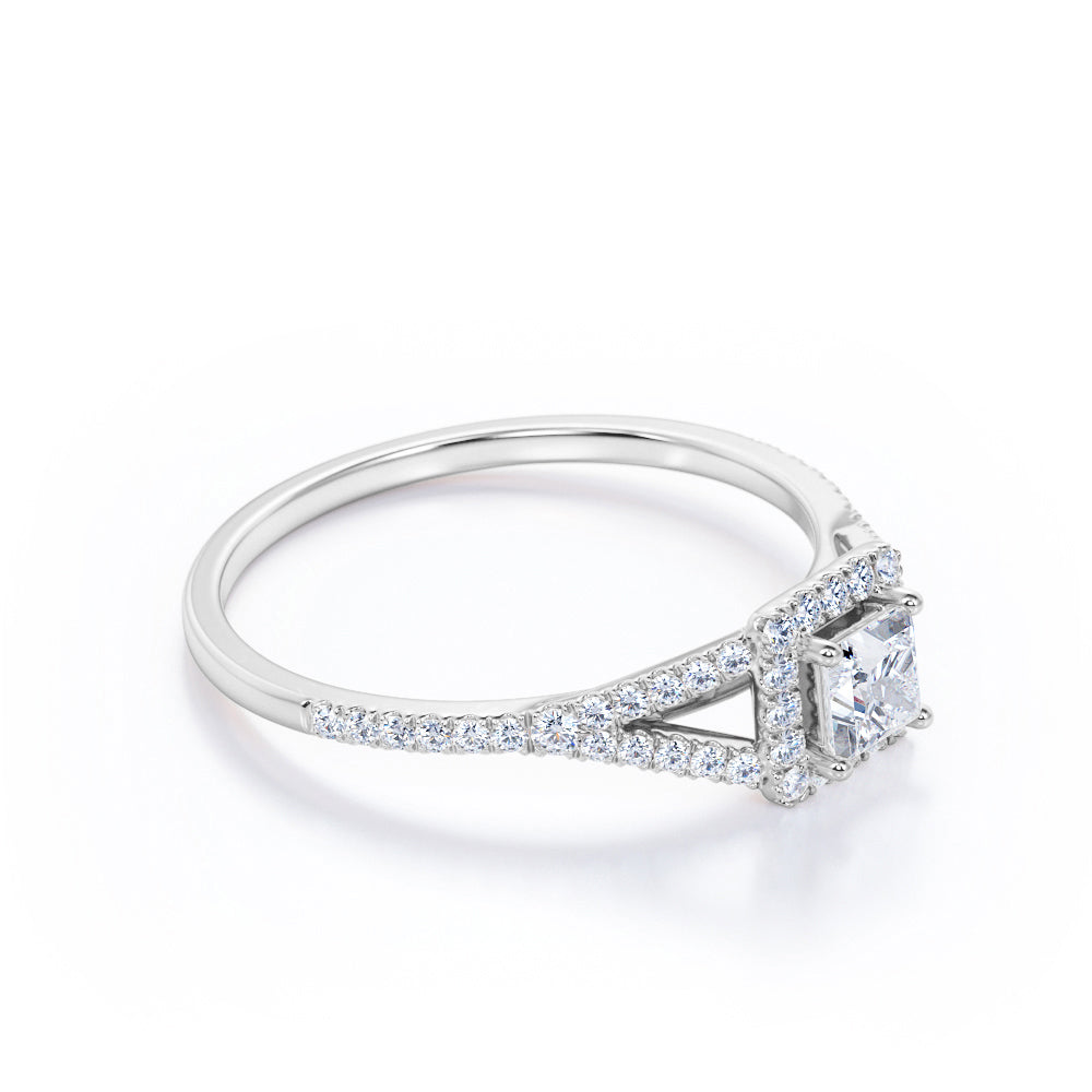 Halo Split shank 0.75 carat Princess cut Moissanite and diamond engagement ring in Rose gold