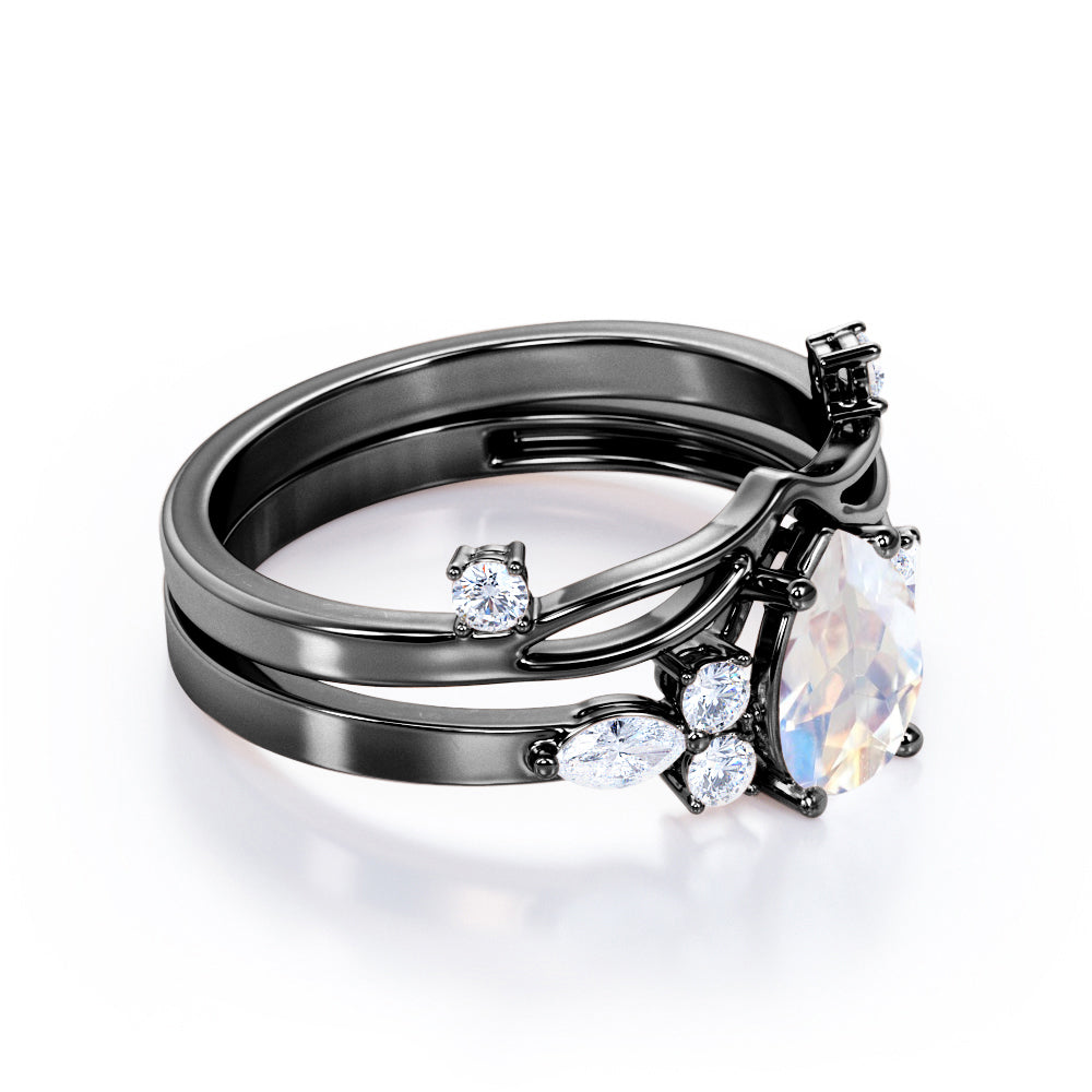 Unique Split Shank 1.25 carat Pear Shaped Moonstone and diamond chevron wedding ring set for women in White gold