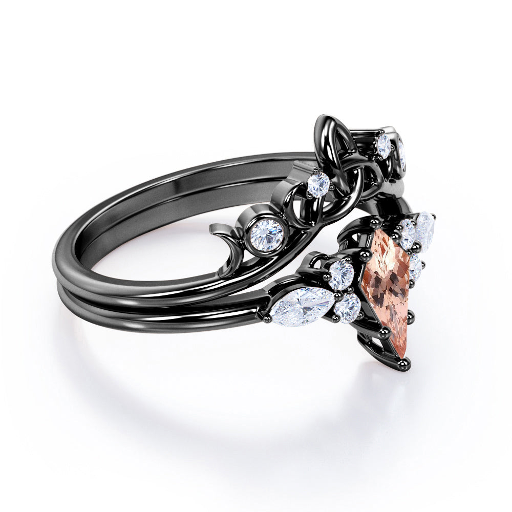 Triad Crown style 1.25 carat Kite shaped Morganite and diamond 6 prong setting wedding ring set in White gold