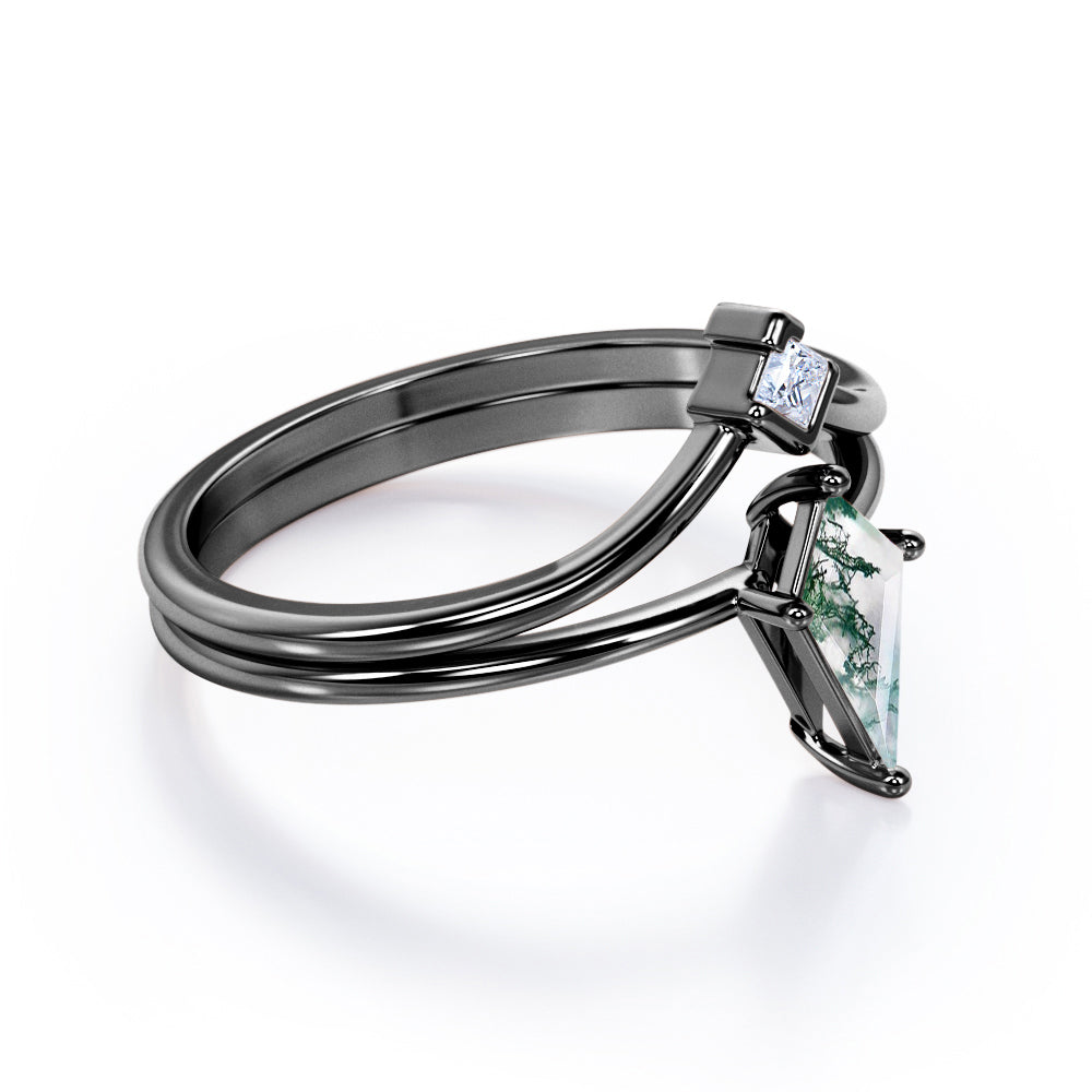 Classic 2 stone 1 carat Kite shaped Moss Green Agate and diamond contoured wedding ring set in White gold