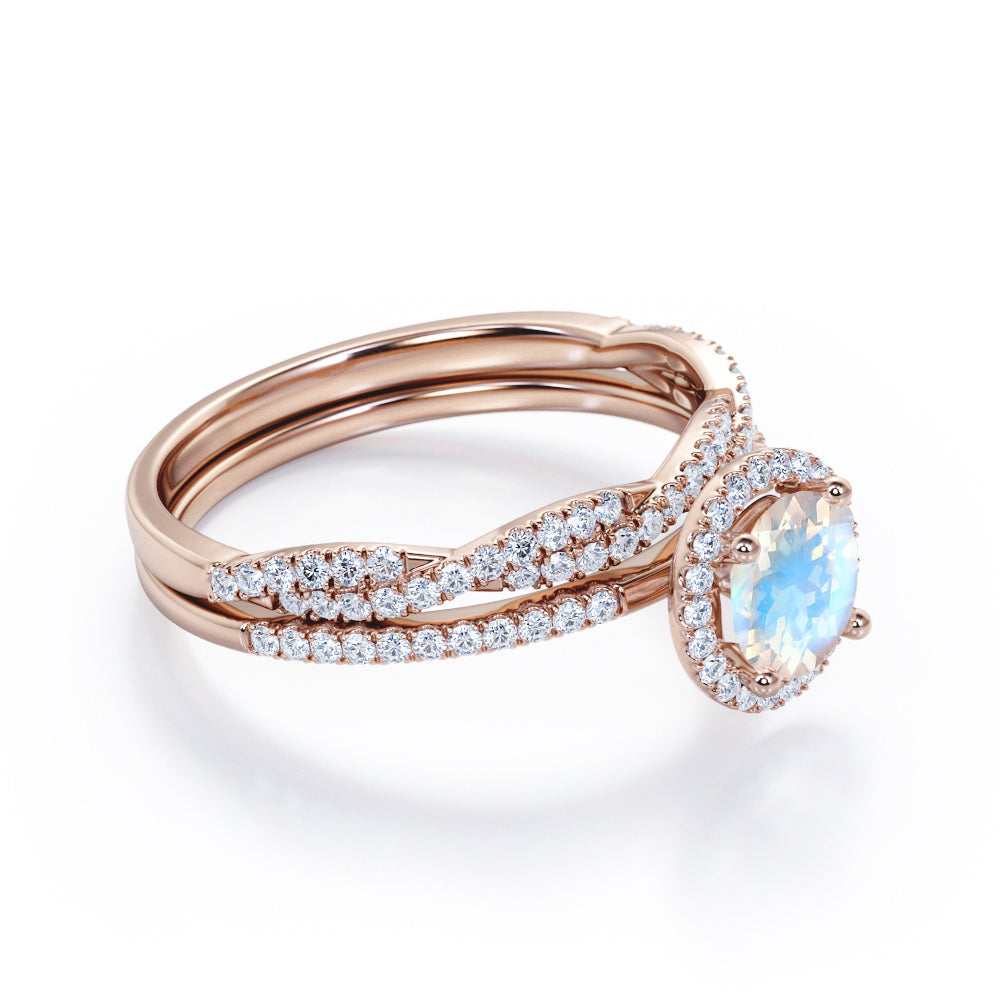 Unique Halo 1.7 carat Round cut Moonstone and diamond Vintage art deco Bridal set for her