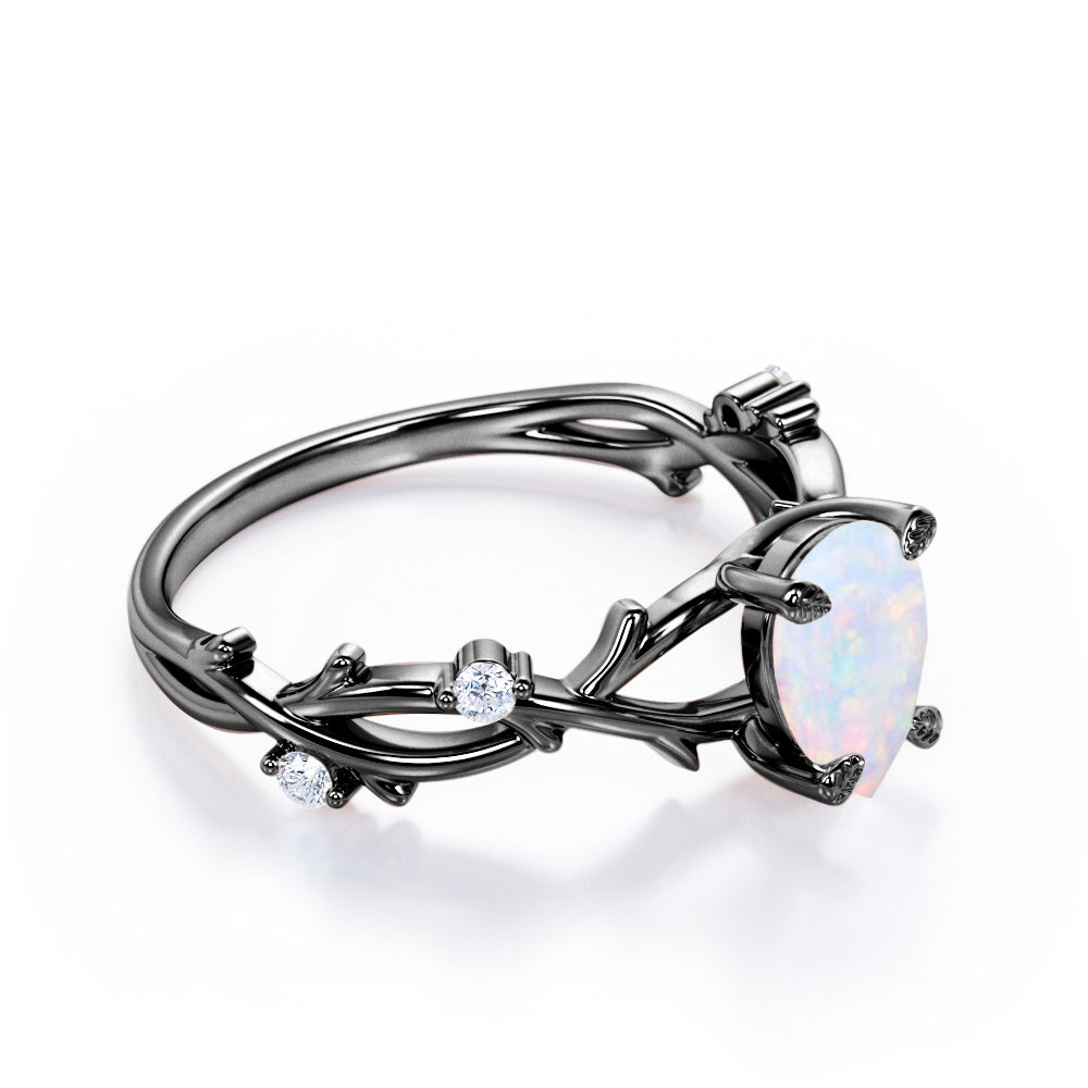 Vintage twig 1 carat Pear cut Ethiopian Opal and diamond forest engagement ring in White gold