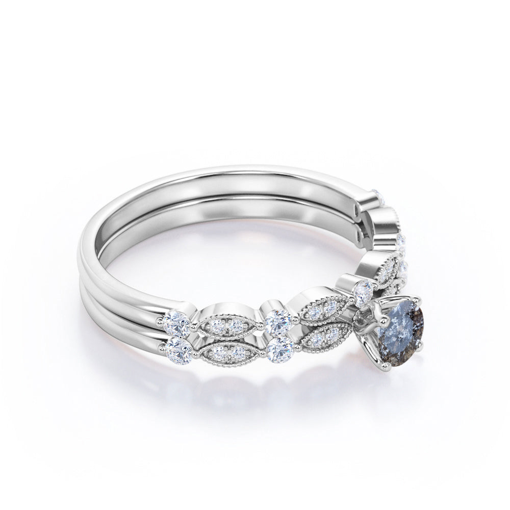 Vintage Marquise and dot style 0.75 carat Round cut Salt and pepper diamond and White diamond cathedral setting wedding ring set in yellow gold
