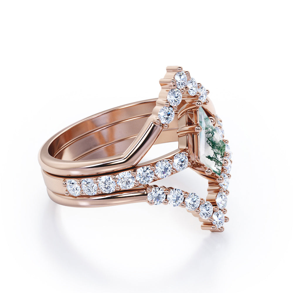Artistic Chevron 1.45 carat Kite shaped Moss Green Agate and diamond trio wedding ring set in Yellow gold