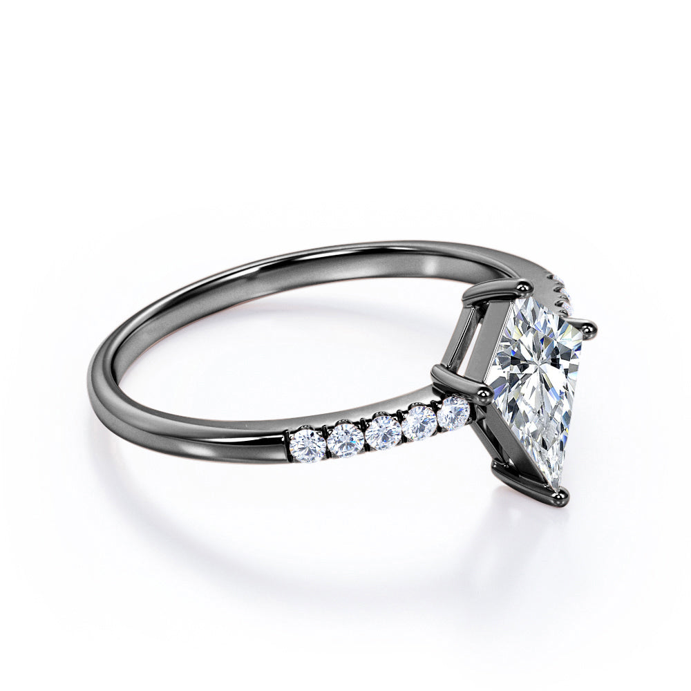 Pave style 1.1 carat Kite shaped Moissanite and diamond classic style engagement ring in white gold