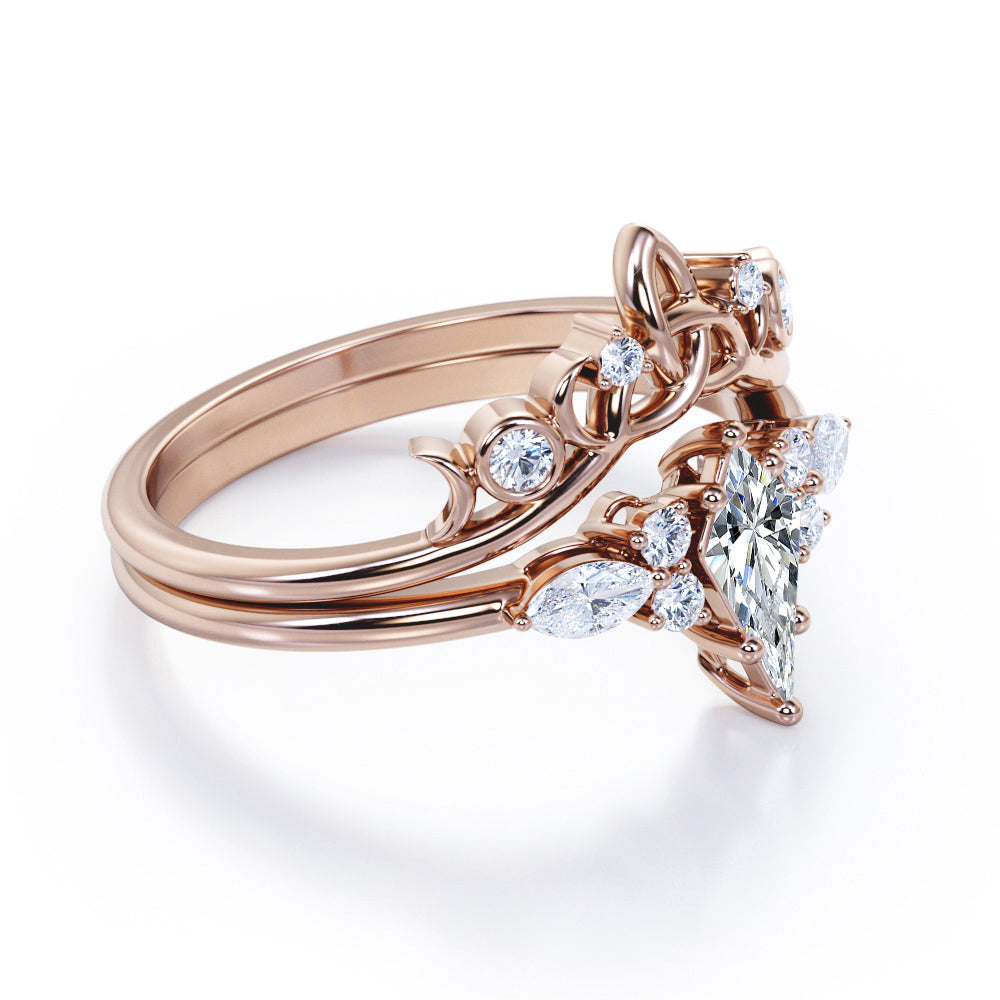 Triad Crown 1.25 carat Kite shaped Moissanite and diamond wedding ring set in rose gold