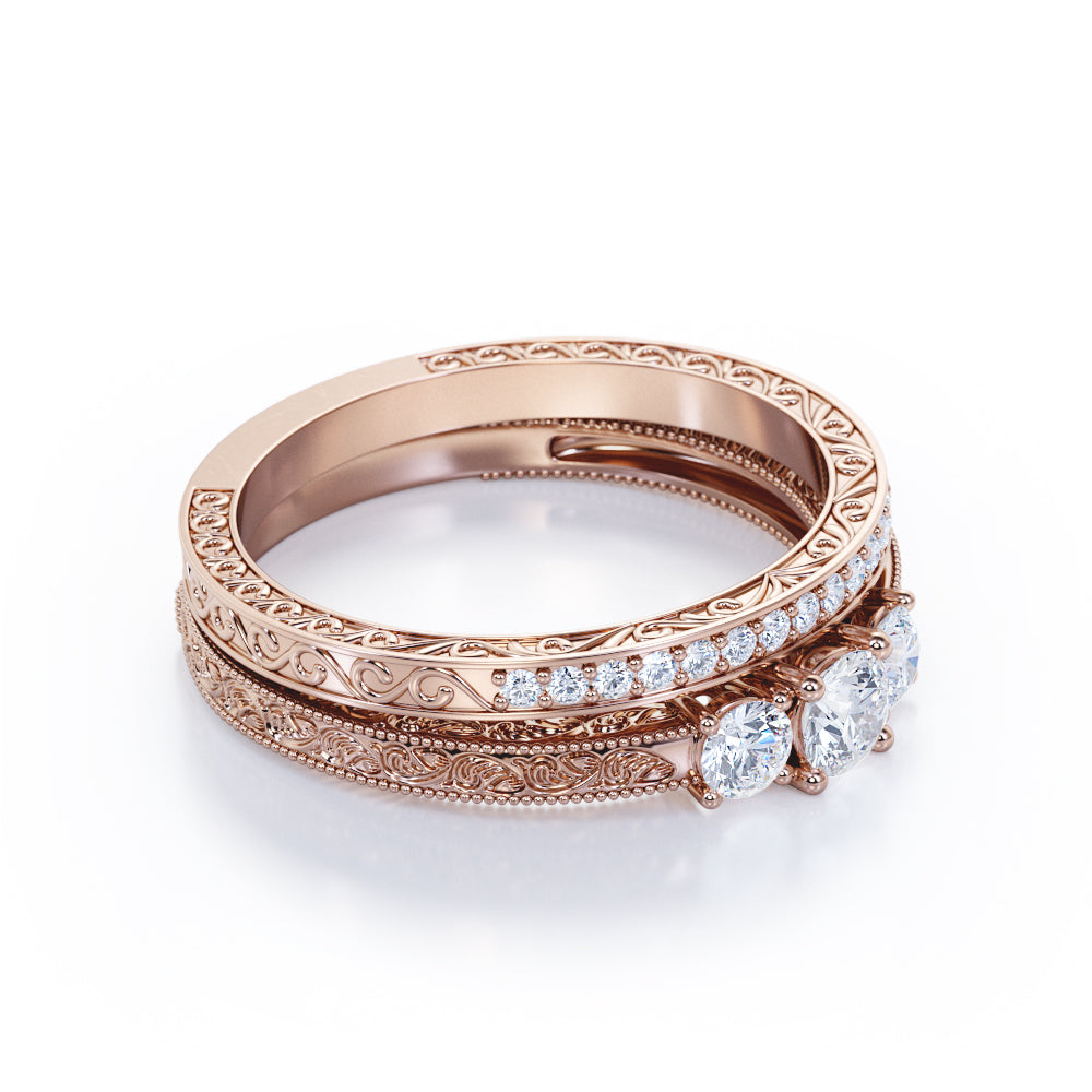 Trio stone 1.20 carat Round cut Moissanite and diamond Milgrain and Filigree Art deco wedding ring set in White gold