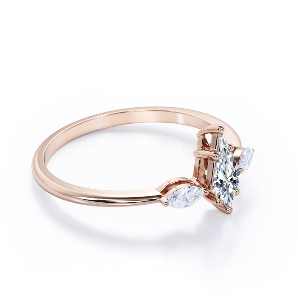 Unique 3 stone 1.1 carat Kite shaped Moissanite and marquise diamonds engagement ring in White gold