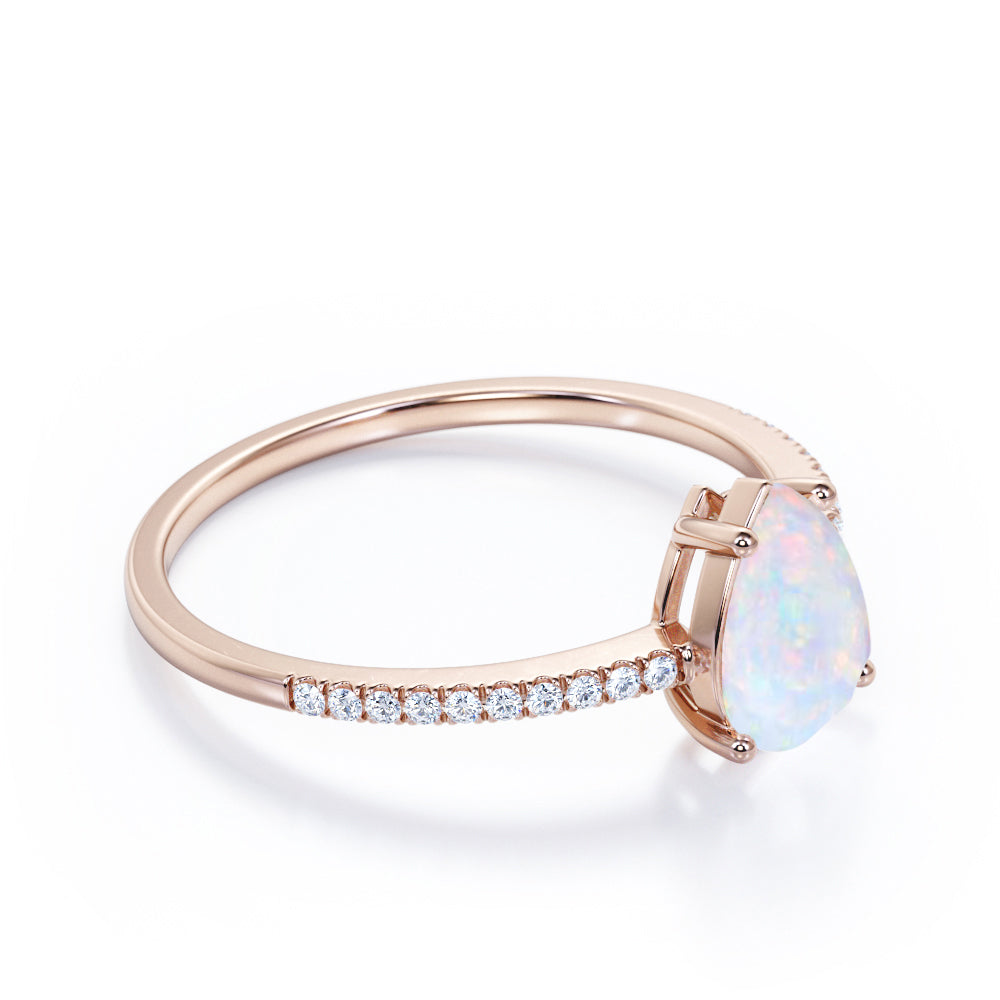 Classic Pave 1.20 carat Pear cut Opal and diamond vintage style engagement ring in Black gold
