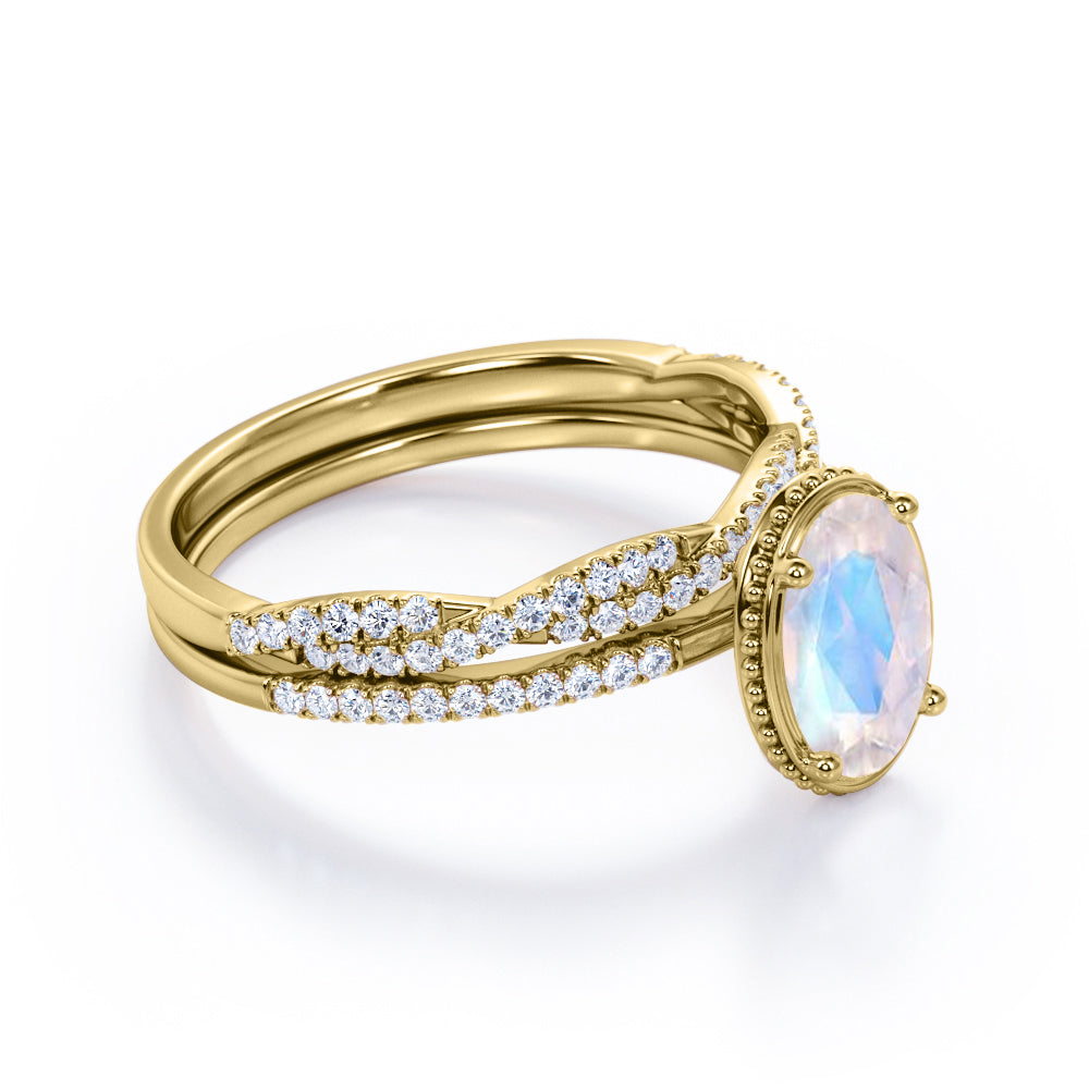Milgrain Edge 1.5 carat Oval shape Moonstone and diamond Bridal wedding ring set in gold