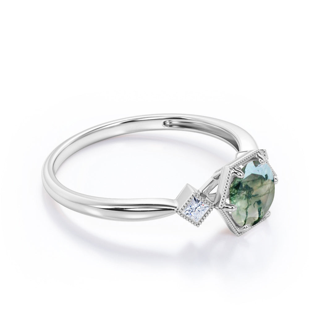 Trillion Bead décor 1.1 carat Round cut Moss Green Agate and diamond tapered engagement ring in Rose gold
