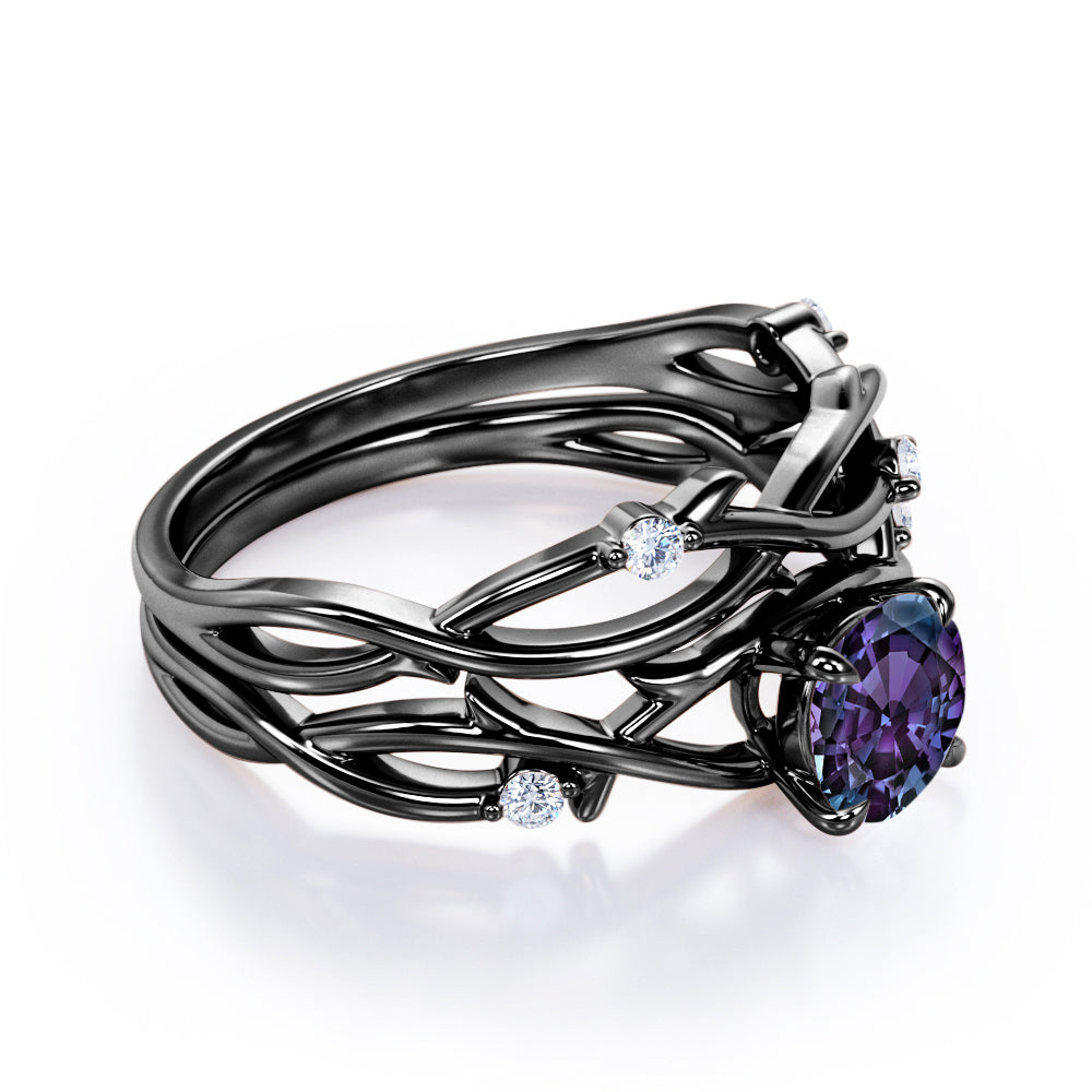 Twig Branch Bands 1.1 carat Round cut Synthetic Alexandrite and diamond art deco wedding ring set in Black gold