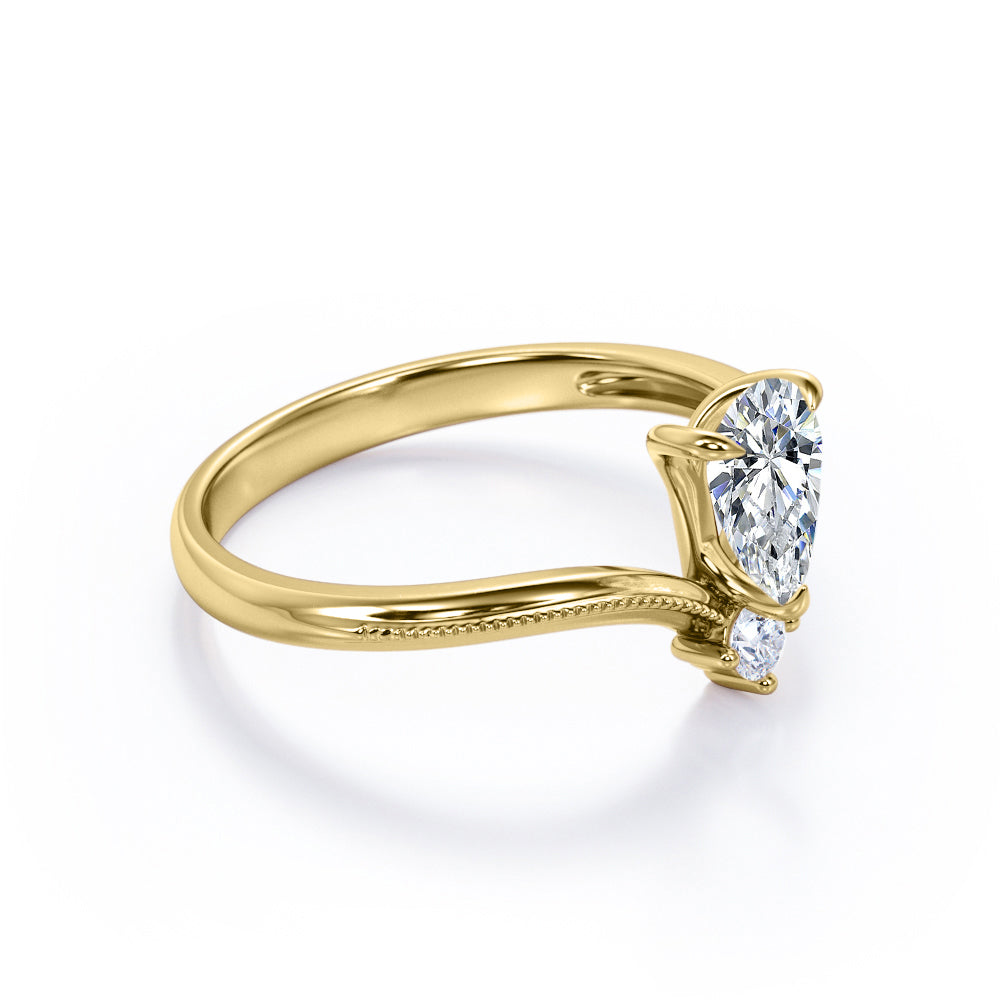 Modern Milgrain V shaped Pear cut 0.35 carat 2 stone diamond engagement ring in Gold