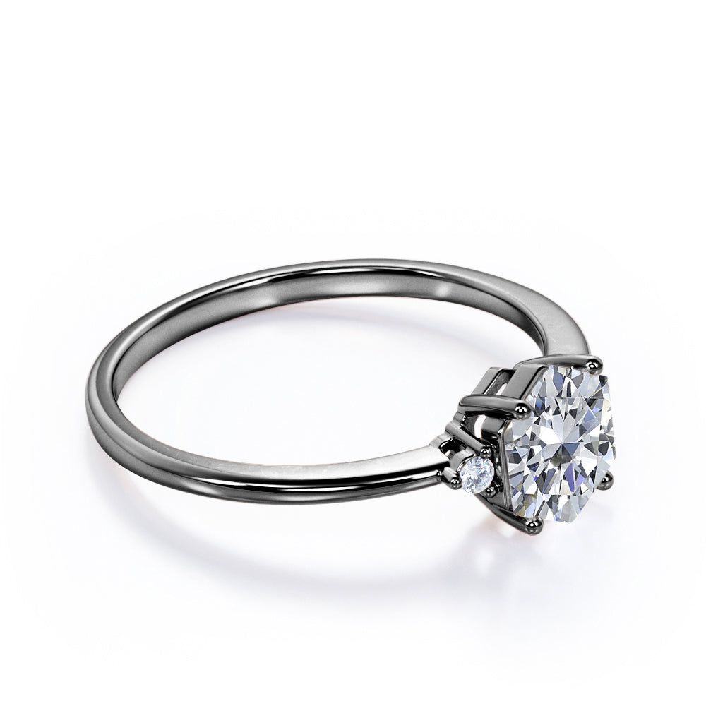 Triple stone 1 carat Hexagon cut Moissanite and diamond engagement ring in White gold