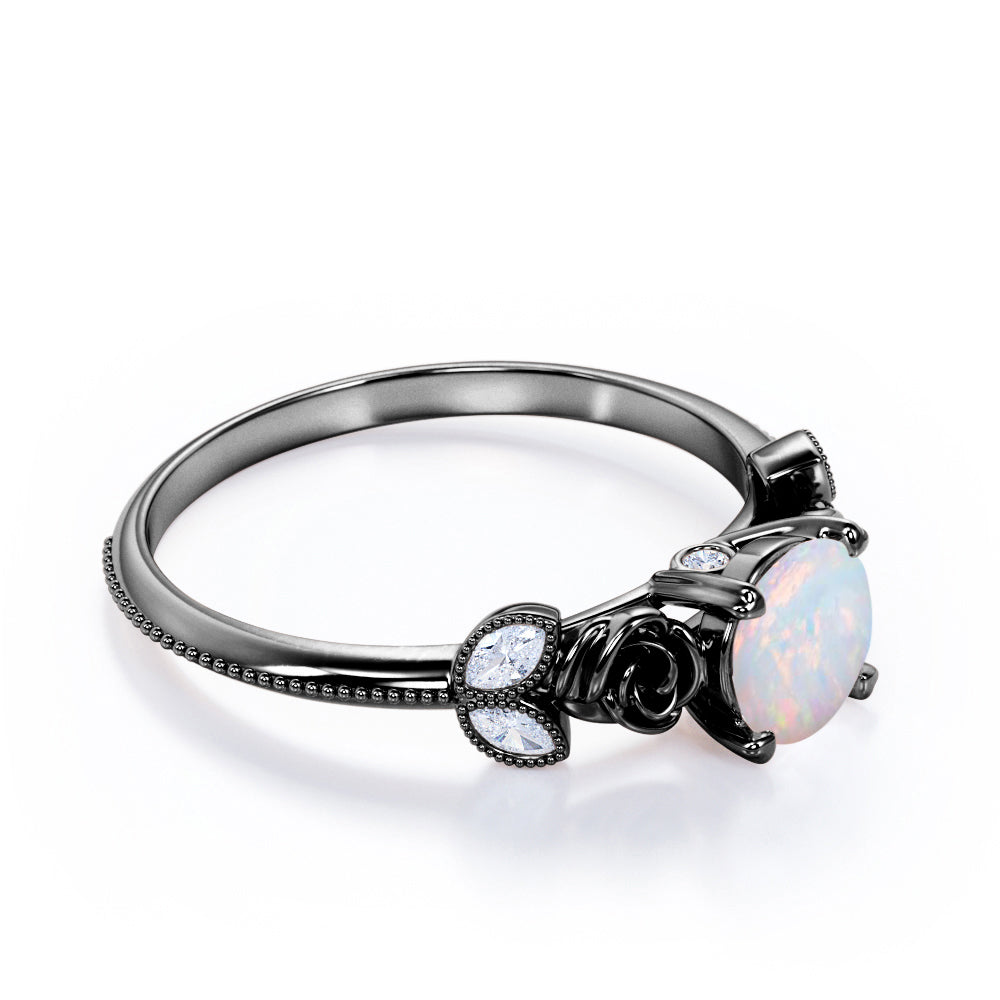 Flower inspired 1 carat Round cut Opal and marquise diamond Milgrain Edge Engagement ring in Black gold