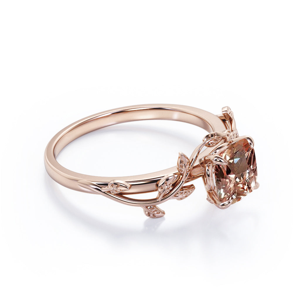 Olive leaf inspired 1 carat Cushion cut Peach pink Morganite vine engagement ring in White gold