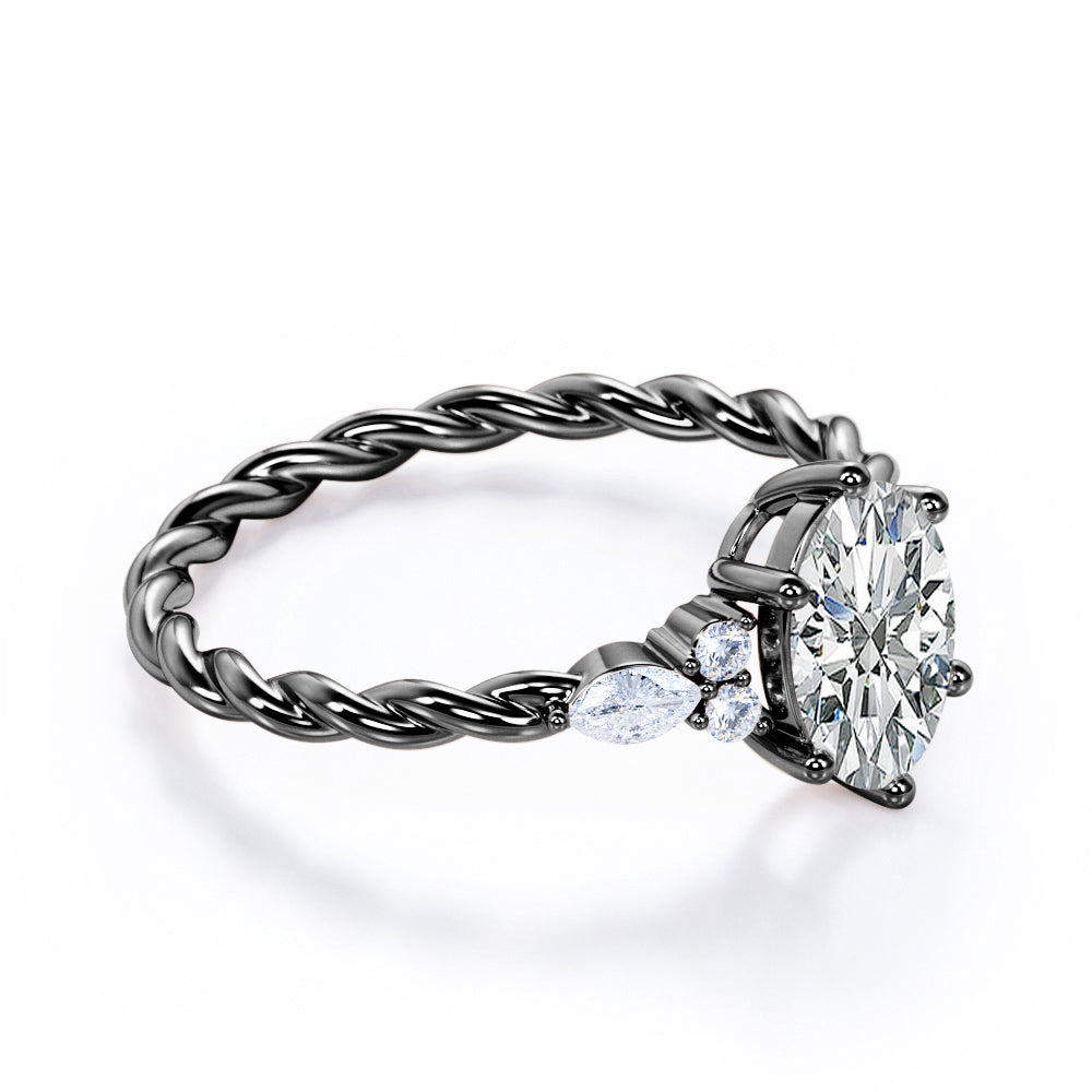 Twisted Rope style 1 carat Oval shaped Moissanite and diamonds 6 prong engagement ring White gold
