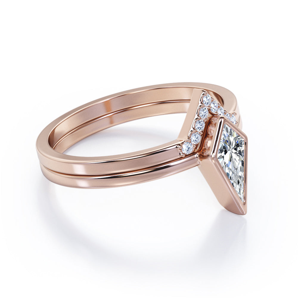 Chevron Bezel 1.1 Carat Kite shaped Moissanite and diamond bridal set for women in White gold