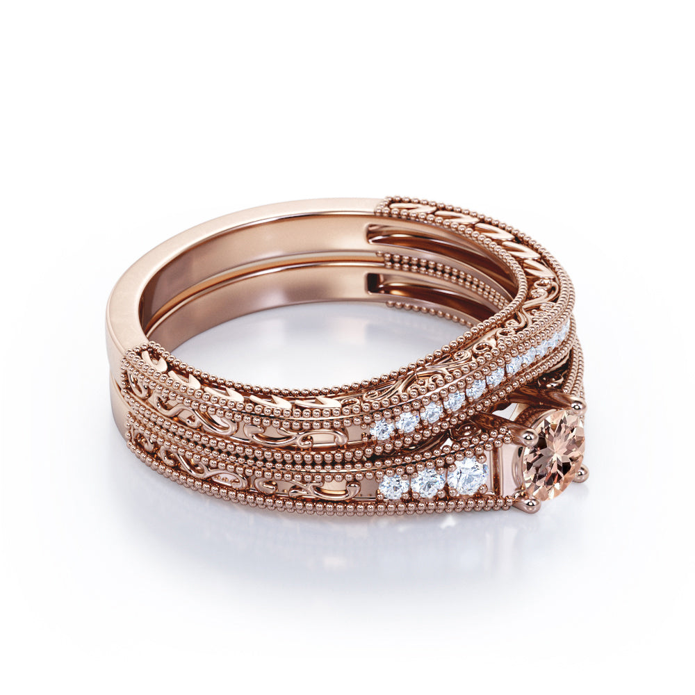 Contoured Milgrain 0.75 carat Round cut Peach Morganite and diamond floral filigree Bridal set for women in Yellow gold