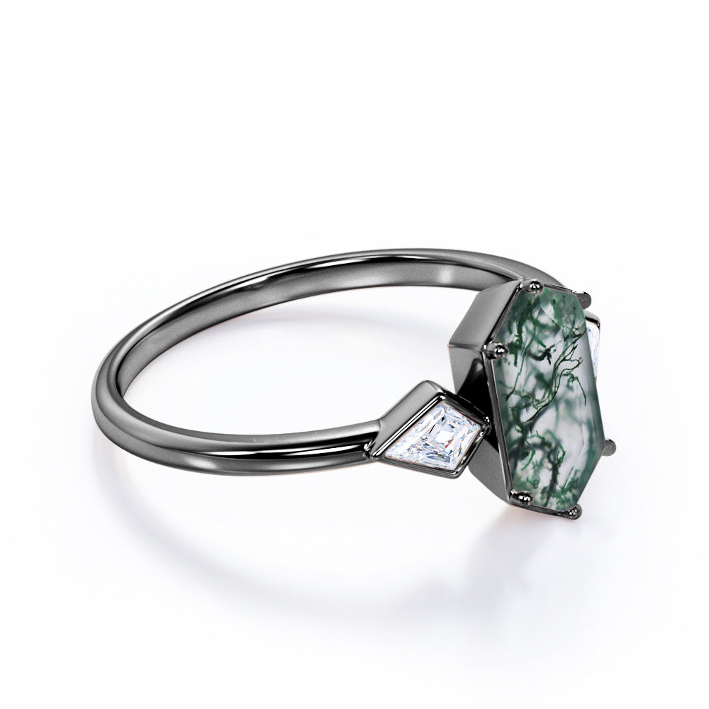 Antique Trinity 1.2 carat Hexagon shaped Moss Green Agate and Kite diamonds engagement ring in White gold
