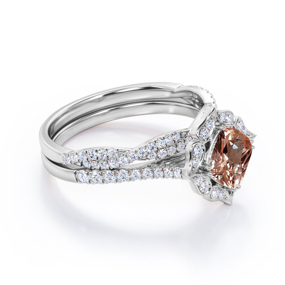 Floral Halo 1.75 carat Cushion cut Peach pink Morganite and diamond - double prong setting - wedding ring set for women