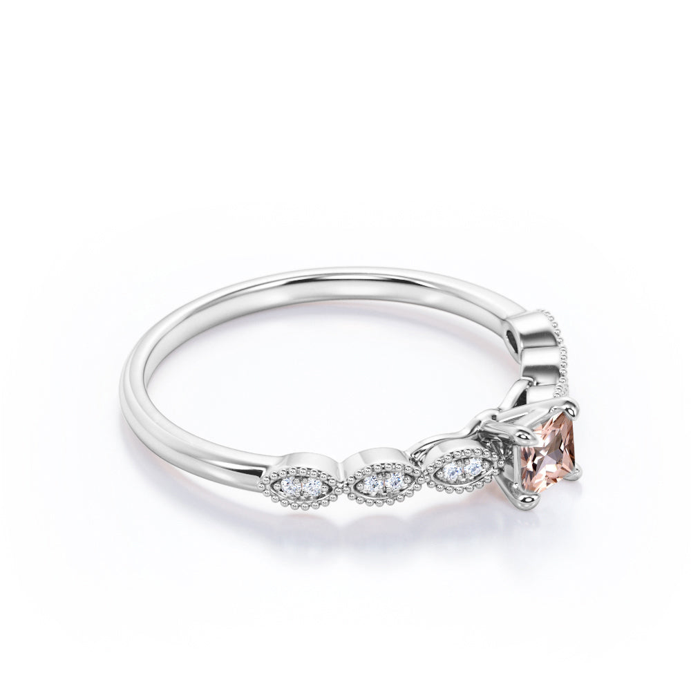 Antique beaded 0.75 carat Princess cut Morganite and diamond claw prong engagement ring in Yellow gold