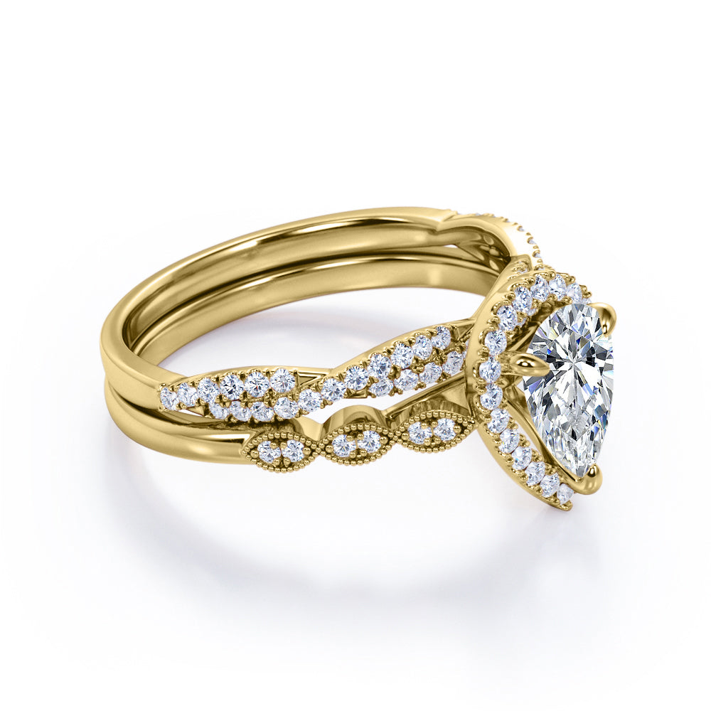 Milgrain Edge 1.60 carat pear shaped moissanite and diamond vintage infinity ring set in White gold- wedding ring set