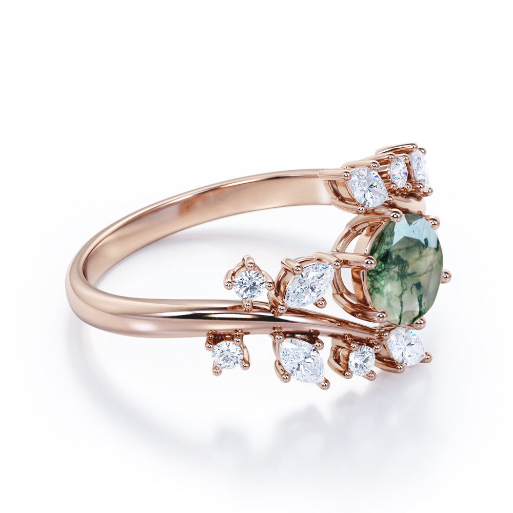 Floral Branch style 0.75 carat Round cut Moss Green Agate and diamond open style engagement ring in White gold