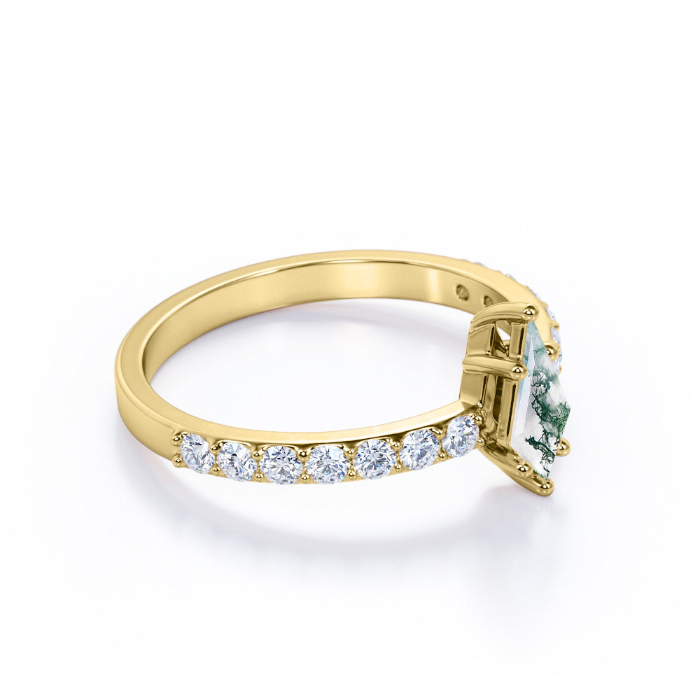 Classic Pave 1.15 carat Kite shaped Moss Agate and diamond 6 prong engagement ring in White gold