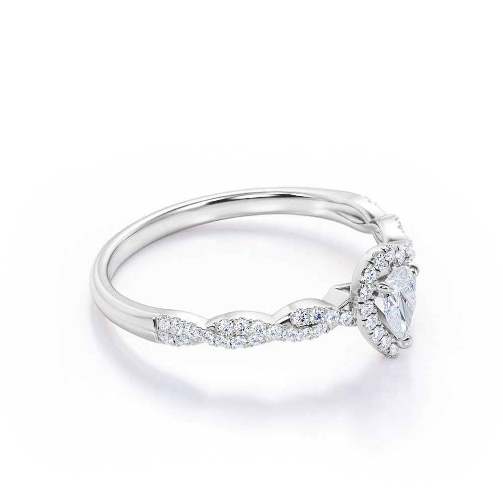Infinity twist 0.5 carat Pear shape diamond vintage halo engagement ring in white gold-Promise ring