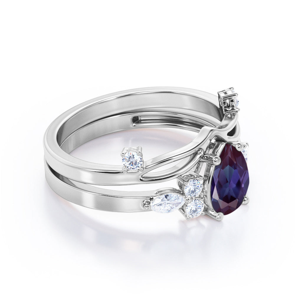Crown inspired 1.15 carat Pear shaped Synthetic Alexandrite and diamond split shank setting-chevron wedding ring set in Rose gold