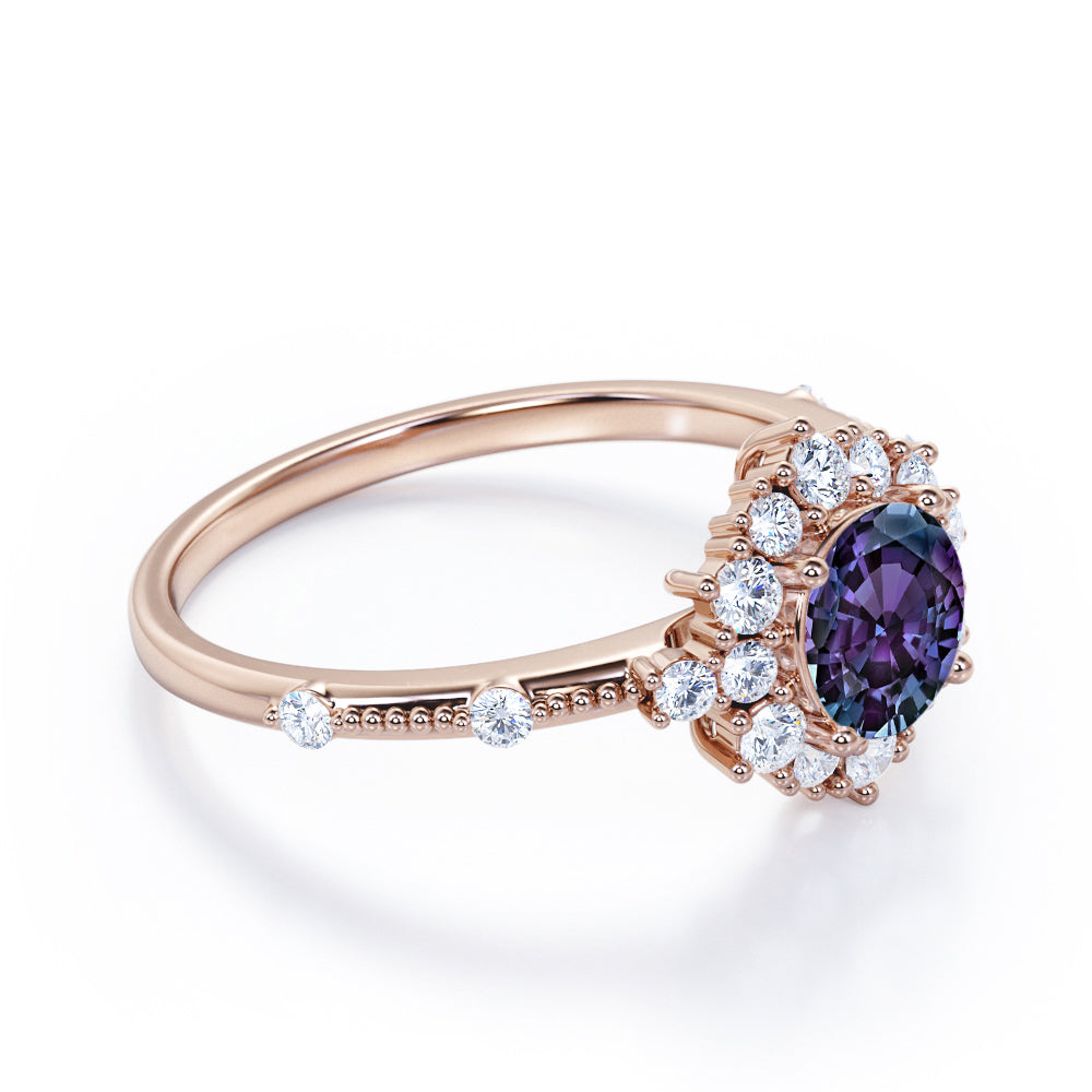 Antique Snowflake Halo 1.35 carat Round cut Synthetic Alexandrite and diamond vintage bead décor engagement ring in Black gold