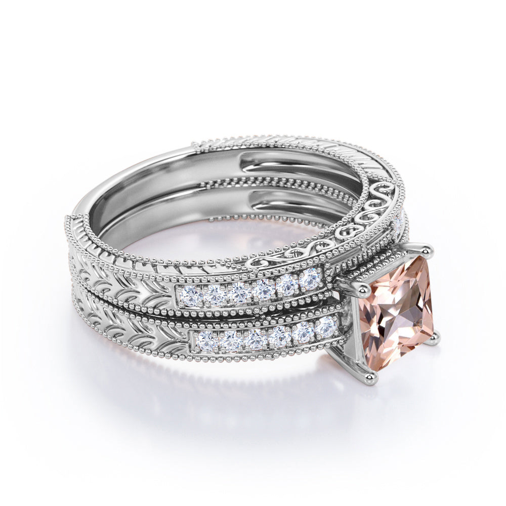 Milgrain Edge 1.25 carat Princess cut Morganite and diamond edwardian art deco engagement rings set-wedding ring set for her