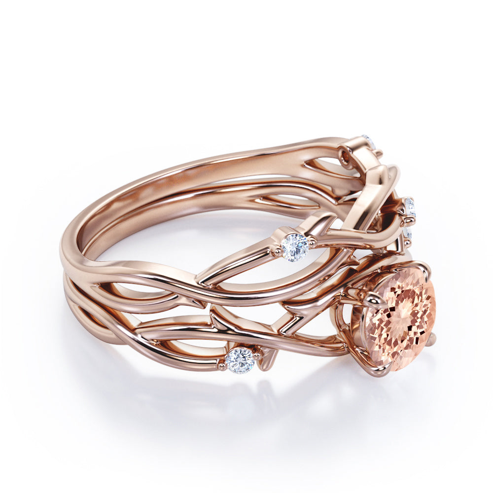 Twig and Vine inspired 1.1 carat Round cut Morganite and diamond earthy wedding ring set in Black gold