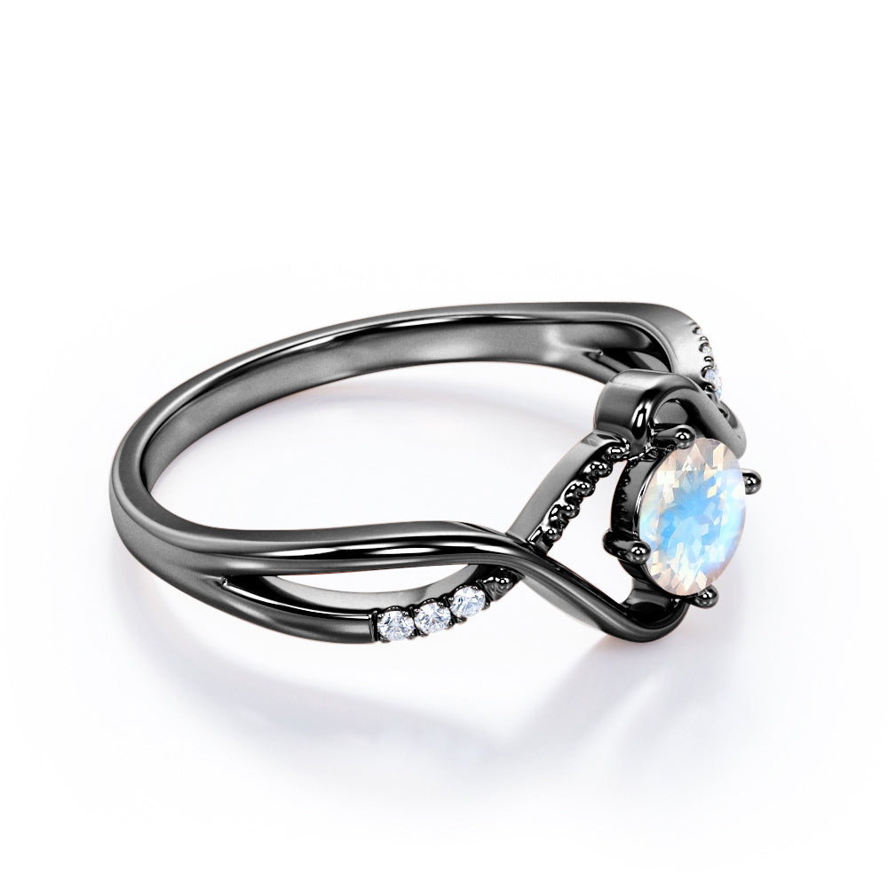 Trendy Twists 0.6 carat Round cut Rainbow Moonstone and diamond infinity pave engagement ring in White gold