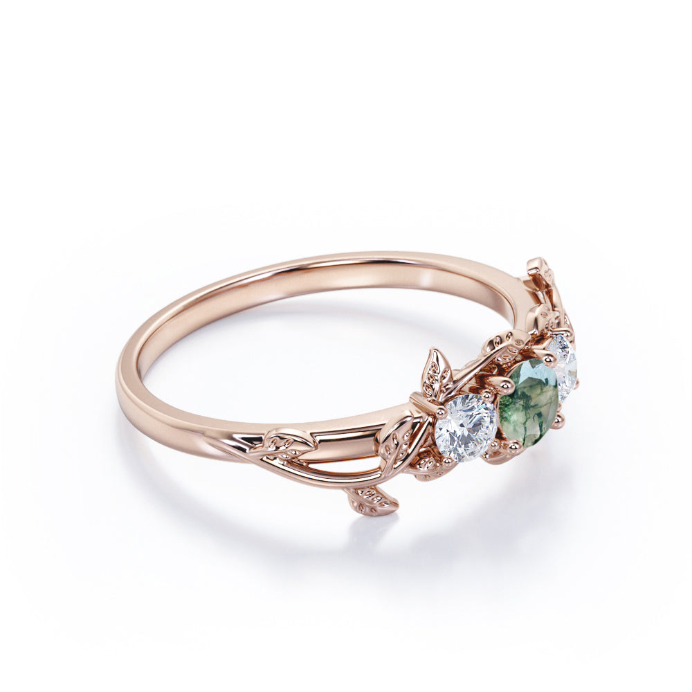 Nature inspired Trilogy 0.65 Round cut Moss Green Agate and diamond Anniversary ring for women in White Gold - Engagement ring