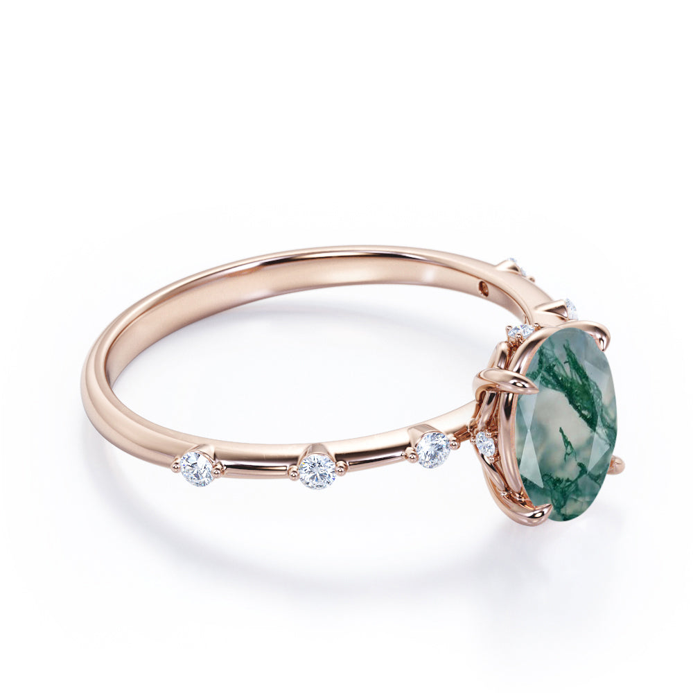 Branch Twig inspired 1.1 carat Moss Green Agate and diamond claw prong engagement ring in White gold