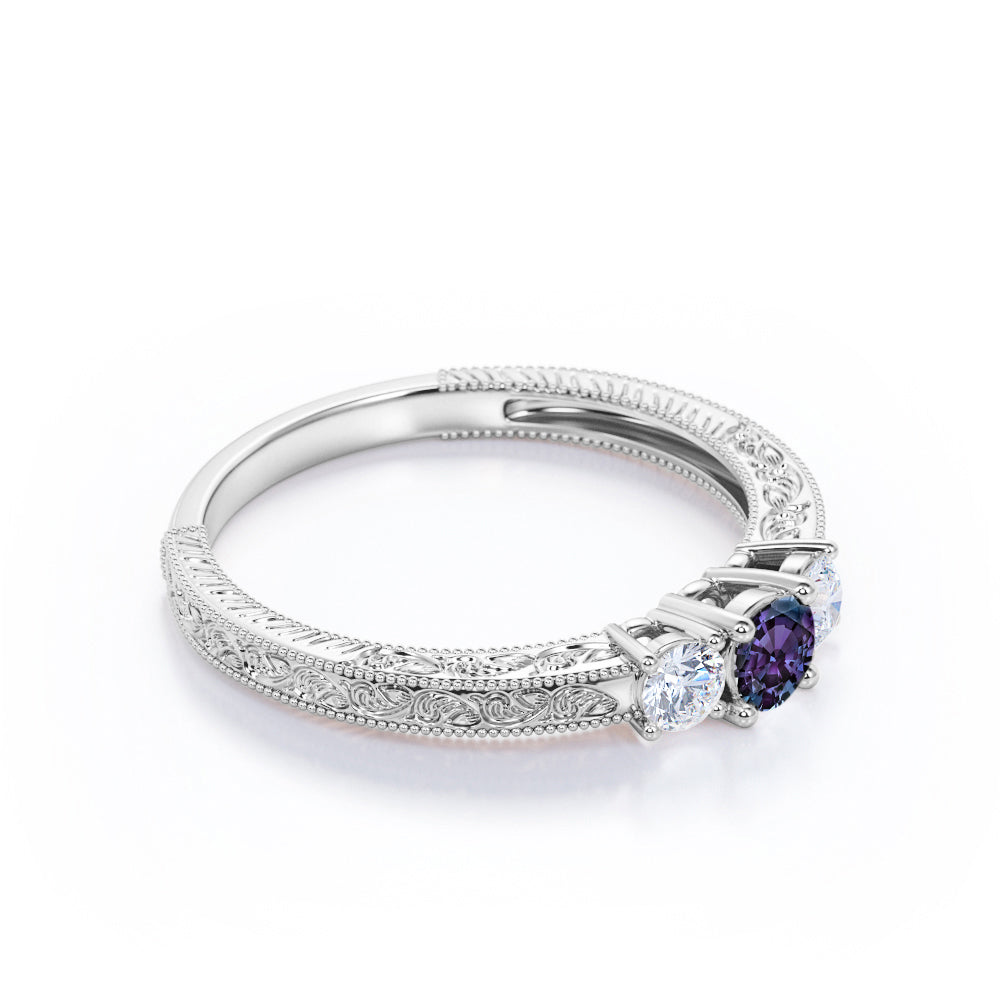 Filigree 0.6 carat Round cut Trilogy lab created Alexandrite and diamond Milgrain Engagement ring for women in White gold