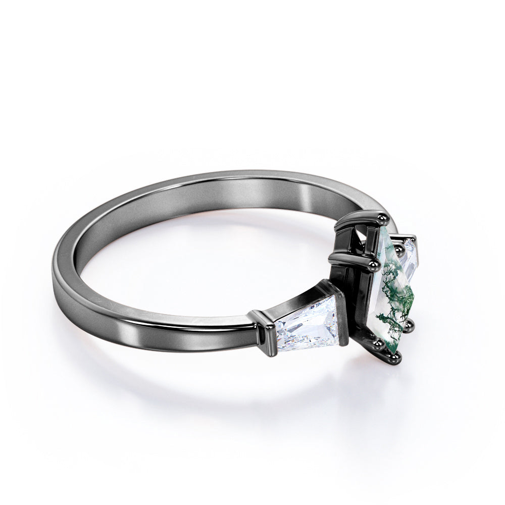 Contemporary three stone 1.2 carat Kite shape Moss Green Agate and diamond baguette style engagement ring in White gold