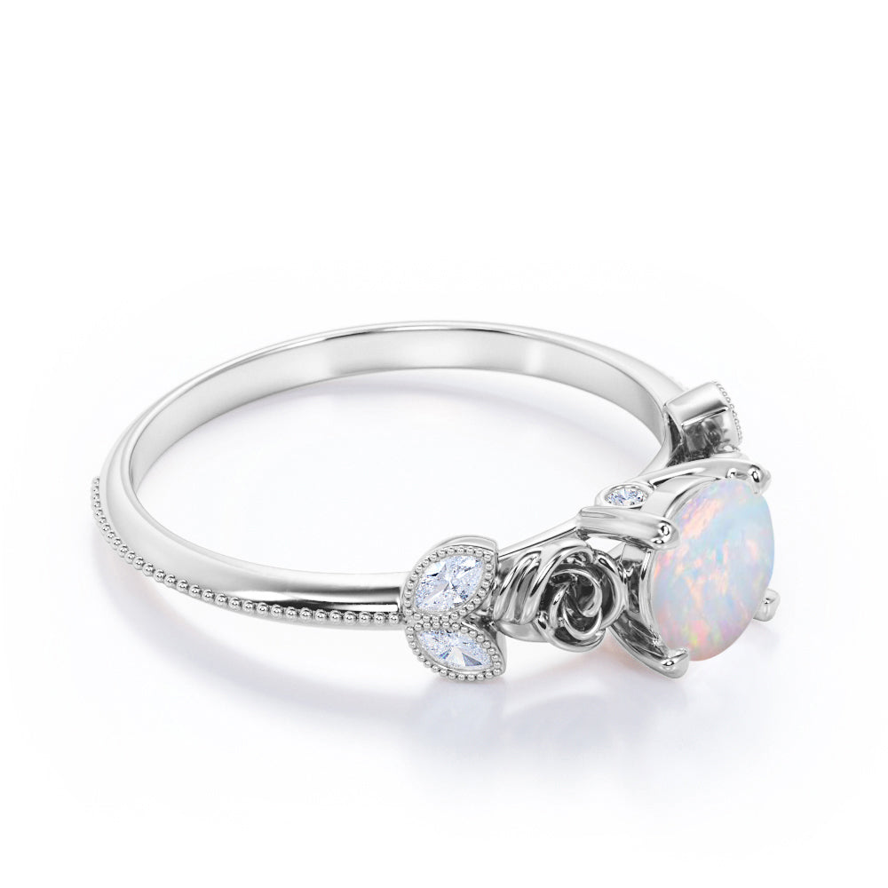 Flower inspired 1 carat Round cut Opal and marquise diamond Milgrain Edge Engagement ring in Black gold