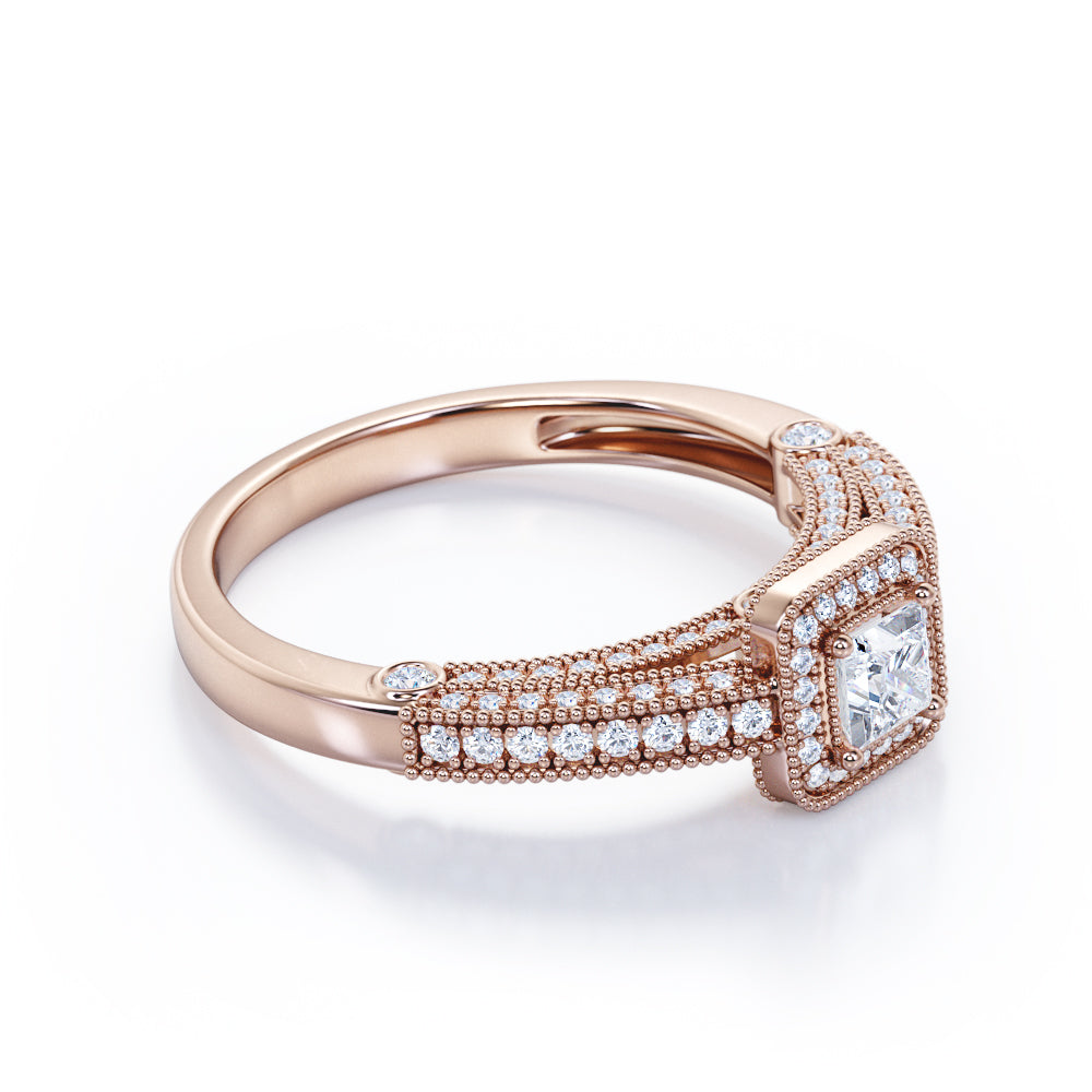 Classic Beaded 1 carat Princess cut Moissanite and diamond vintage style engagement ring in White gold