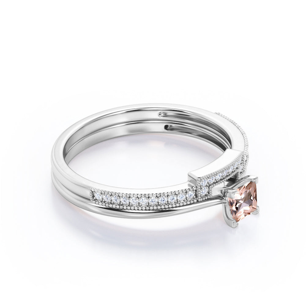 Eternity 0.75 carat Princess cut Pink Morganite and diamond Solitaire Bridal wedding ring set in Yellow gold