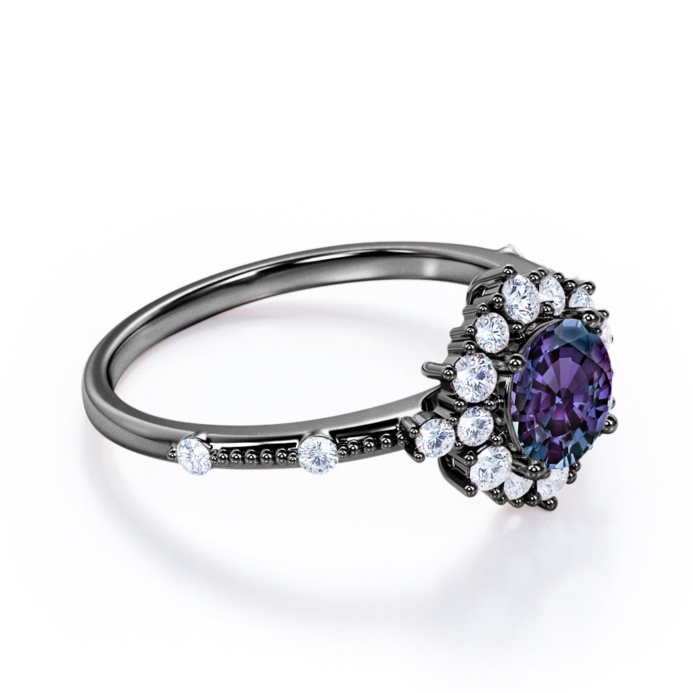 Antique Snowflake Halo 1.35 carat Round cut Synthetic Alexandrite and diamond vintage bead décor engagement ring in Black gold