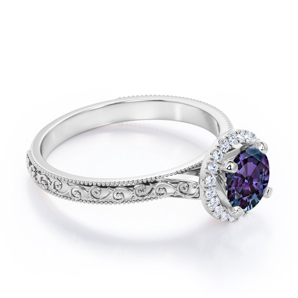 Artistic art deco 1.25 carat Round cut Alexandrite and diamond filigree and milgrain engagement ring in Black gold